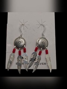Southwest Silver Feather Drop Earrings with Red Coral